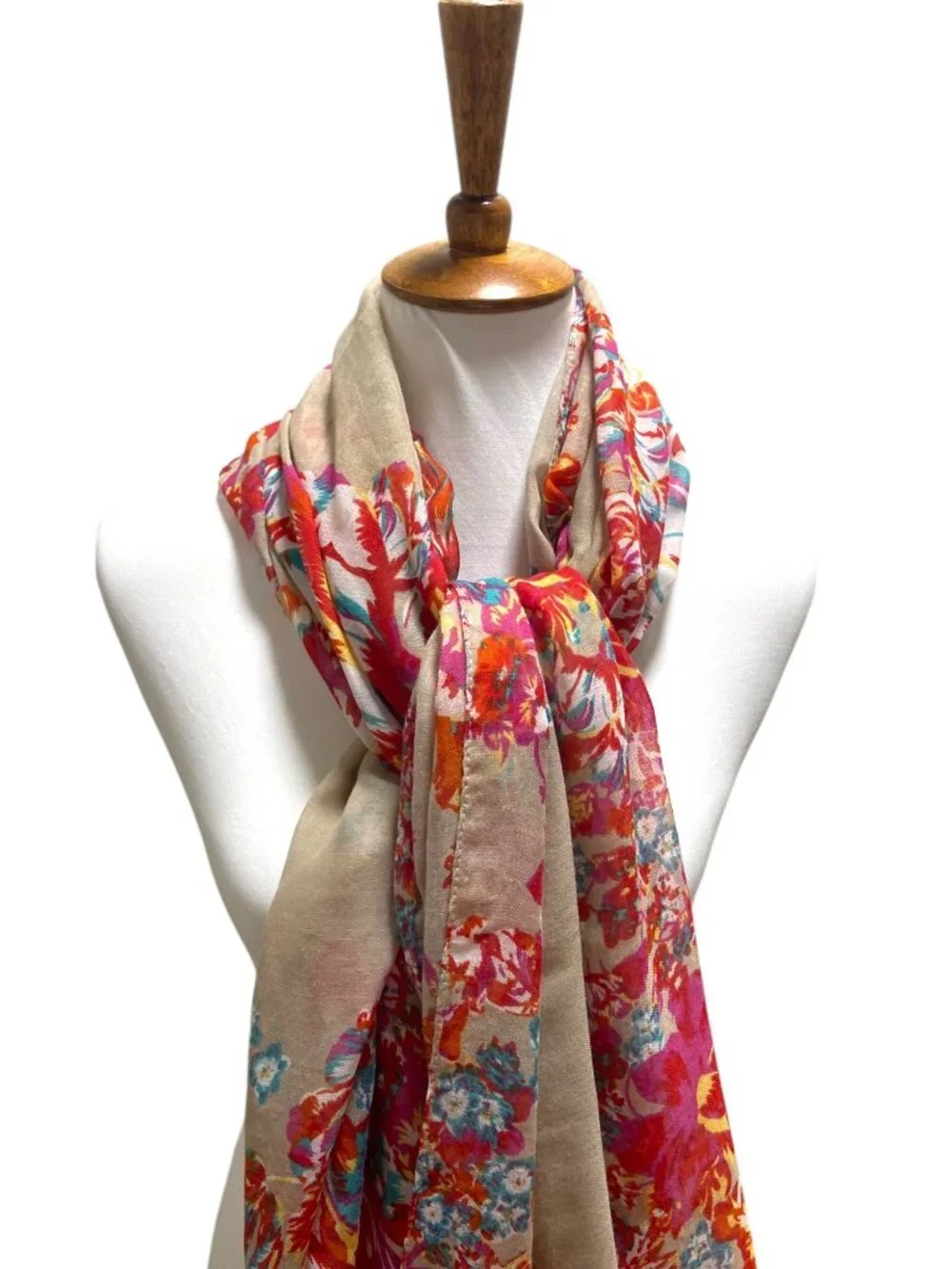 Floral Blanket Scarf Beige One Size Boho Coastal Beach Spring Vacation Resort